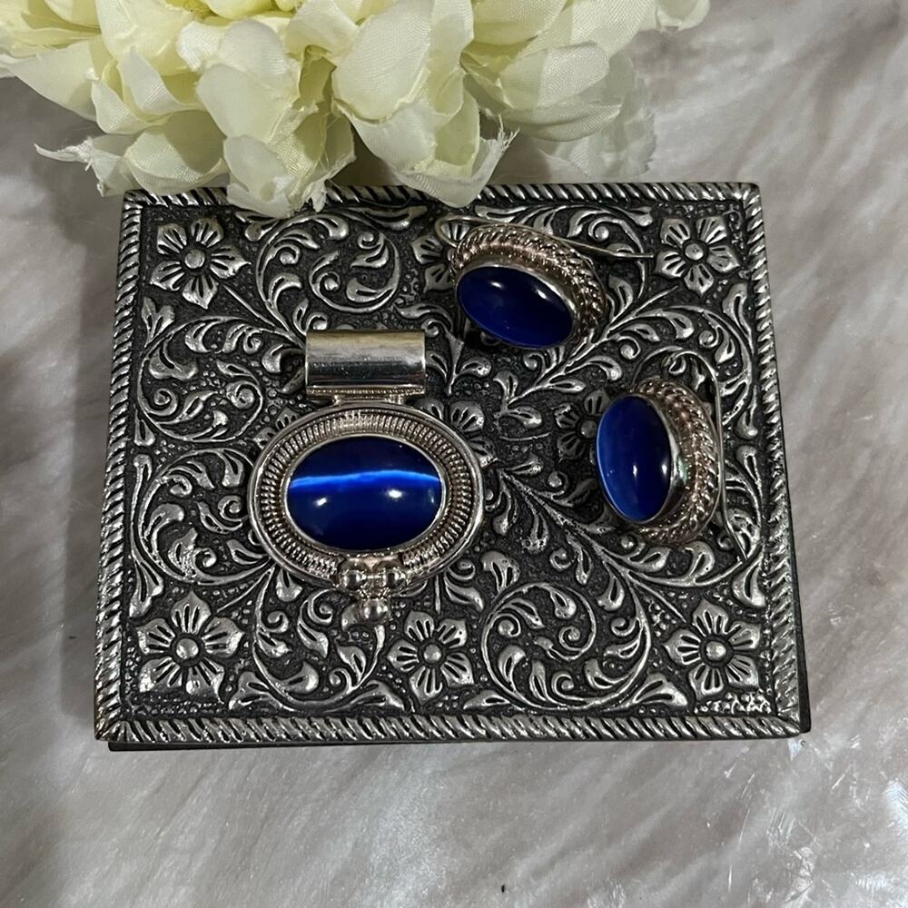 Vintage Mexican Taxco 925 Sterling Silver Cabochon Cut Cats Eye Pendant Earrings - Picture 11 of 15